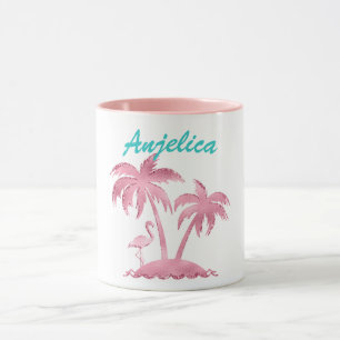 Rosa Glitter Retro Flamingo och Palmer Mugg