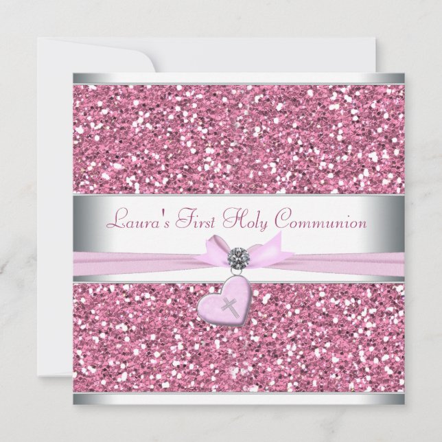Rosa glitter rosa kors första kommunion inbjudningar (Framsida)