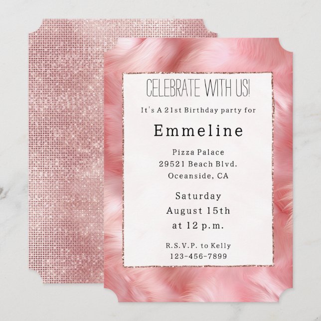 Rosa Glitter Rosa Päls Inbjudningar (Fram/baksida)