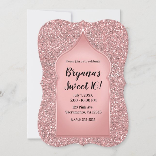 Rosa glitter roséguld glamorös chic födelsedagsfes inbjudningar (Framsida)