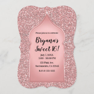 Rosa glitter roséguld glamorös chic födelsedagsfes inbjudningar
