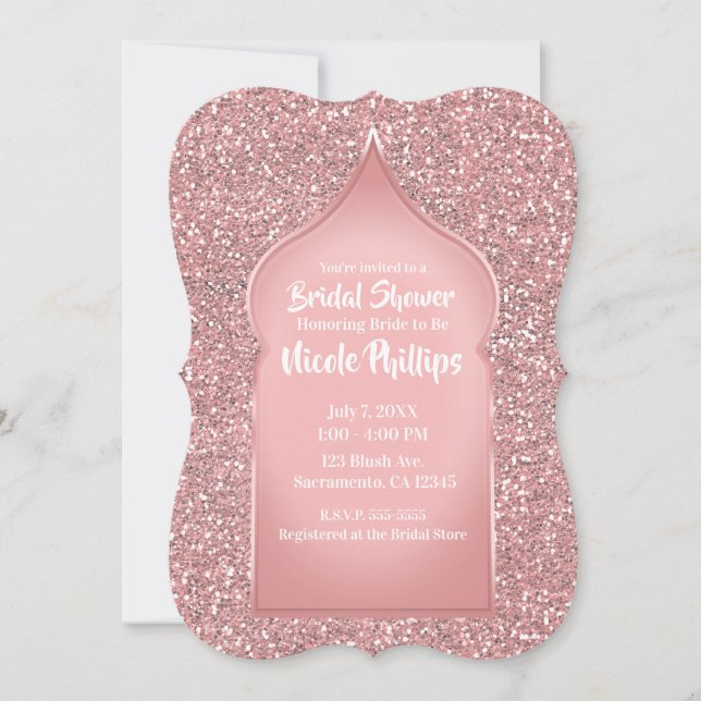 Rosa glitter roséguld glamour bröllopsdusch inbjudningar (Framsida)