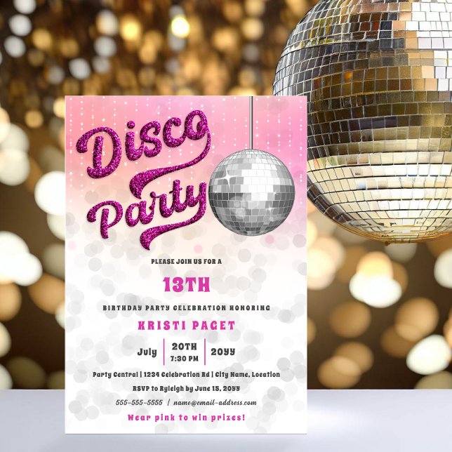 Rosa Glitter Se Disco Party födelsedag Inbjudningar (Fun pink glitter disco party invitation.)