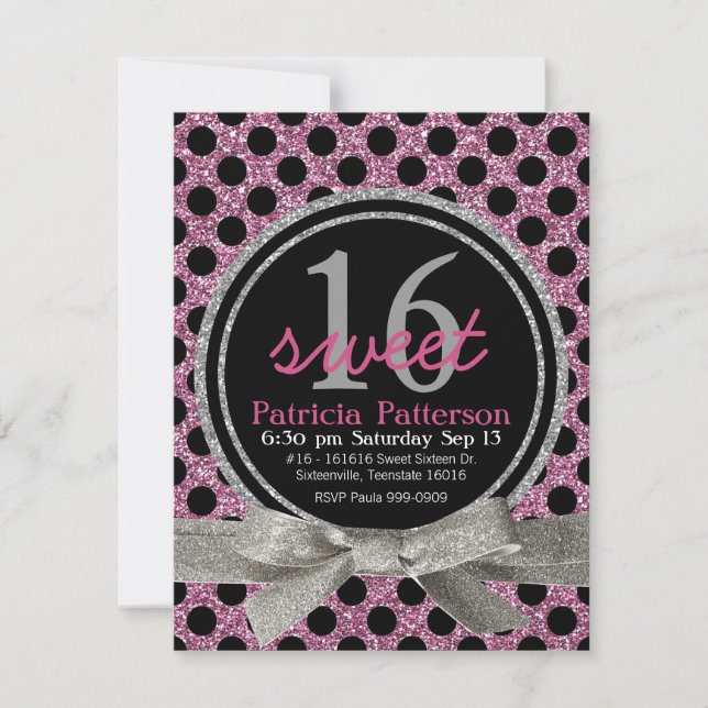 Rosa Glitter Se Polka Dot Sweet 16 Inbjudningar (Framsida)