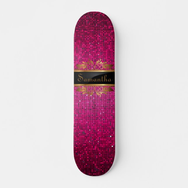 Rosa Glitter Sequin Disco Glitz Mini Skateboard (Framsida)