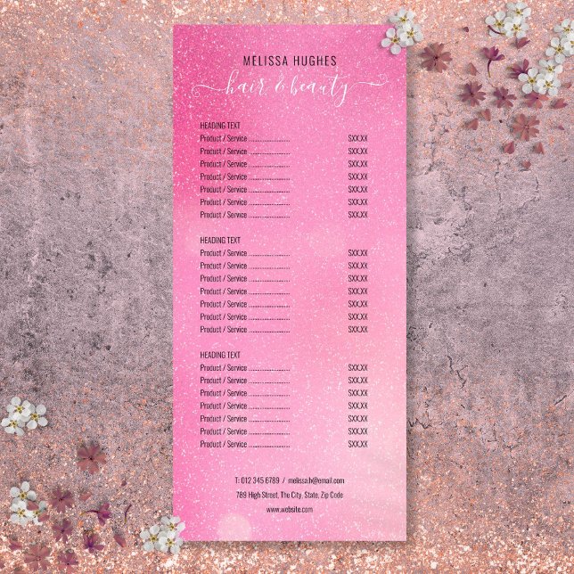 Rosa Glitter Shimmer Salon Service Menu Reklamkort (Pink Glitter Shimmer Salon Service Menu)