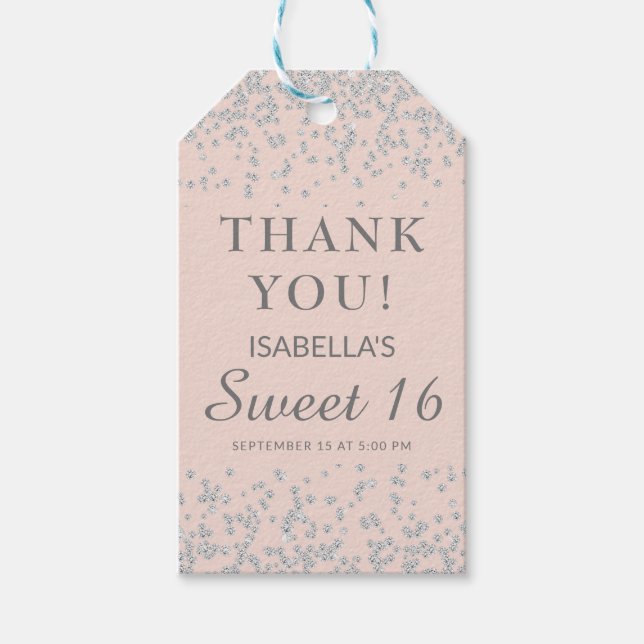 Rosa glitter Silver Sweet 16 Tackkort Presentetikett (Framsidan)