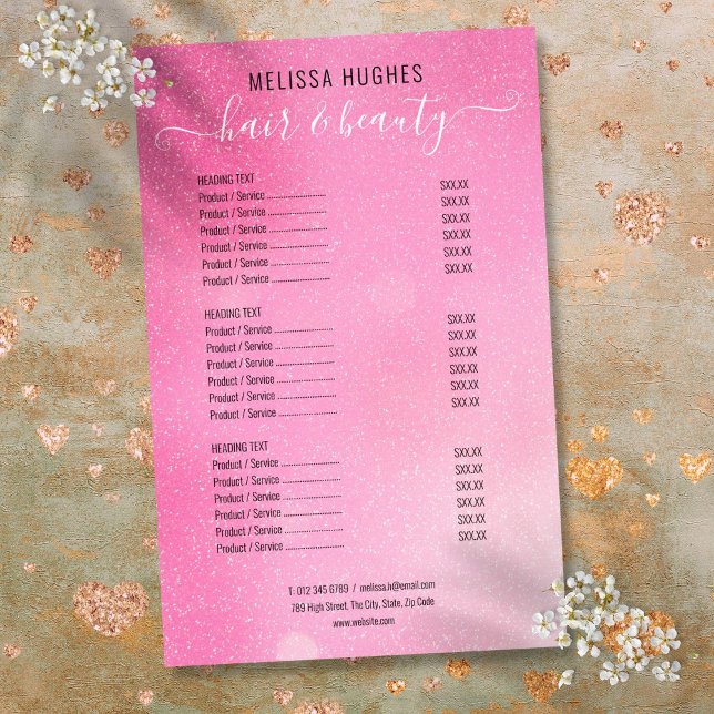 Rosa glitter skimmer salongtjänstmeny flygblad (Pink Glitter Shimmer Salon Service Menu Flyer)
