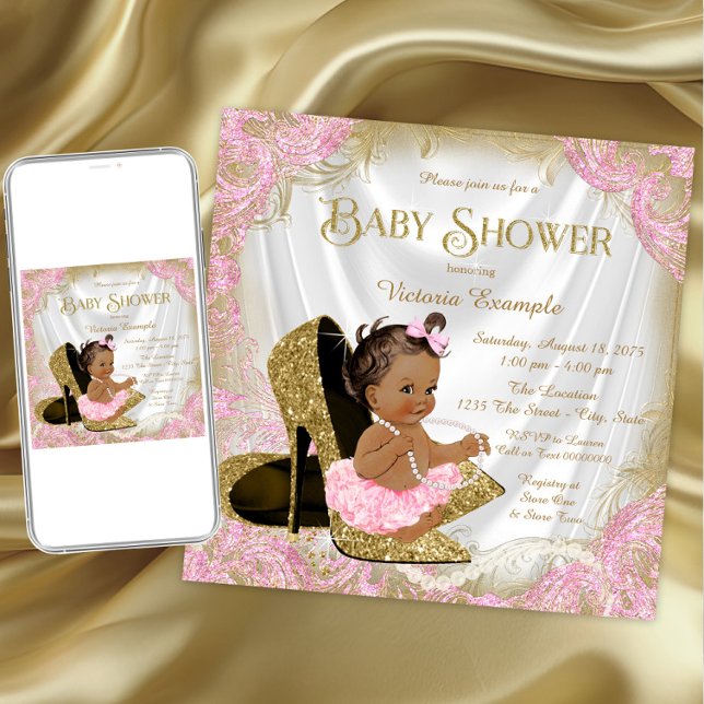 Rosa Glitter Sko Pärl Etnisk Bebis Baby Shower Inbjudningar (Pink gold high heel shoe baby shower invitation. Download and printed invitations available.)