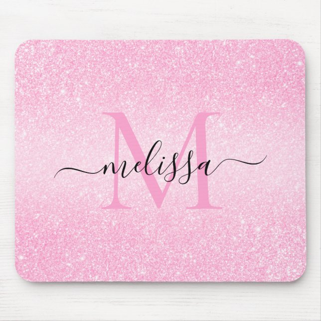 Rosa Glitter Skript Namn Monogram Mouse Pad Musmatta (Framsidan)