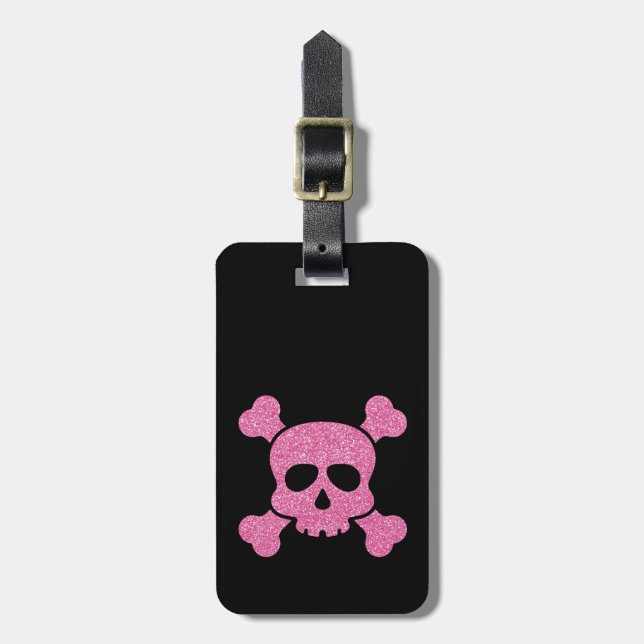 Rosa Glitter Skull och Crossbone på Black Bagagebricka (Vertikal Framsida)