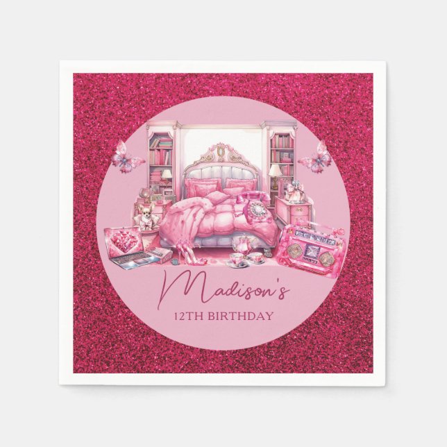 Rosa Glitter Sleepover Girl Birthday Pappersservett (Framsidan)