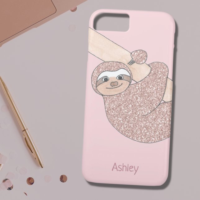  Rosa Glitter Sloth Namn Monogram Girly Case-Mate iPhone Skal (Skapare uppladdad)