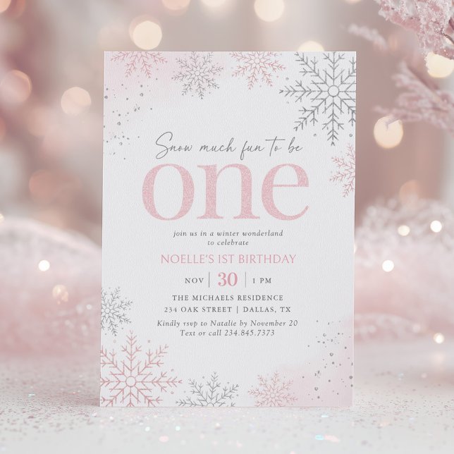 Rosa glitter snöflinga 1-års födelsedag inbjudningar (Skapare uppladdad)