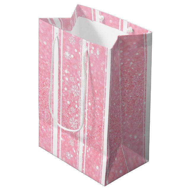 Rosa Glitter Snowflake Helgdag Medium Gift Bag (Framsidan Vinklad)
