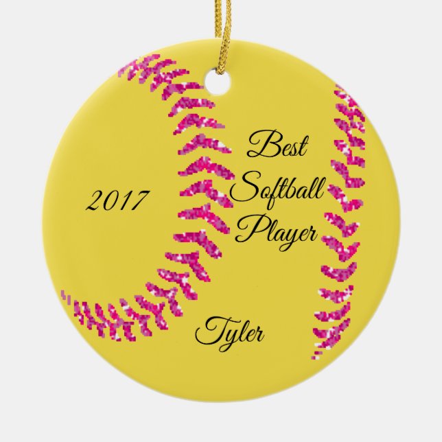 Rosa Glitter Softball Stiches Julgransprydnad Keramik (Framsidan)