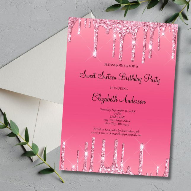 Rosa glitter som droppar Glam söta 16-års födelsed Inbjudningar (Pink Dripping Glitter Sweet Sixteen Birthday Party Invitation, Bling Glam, Printed or Digital )