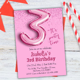 Rosa glitter, söt ballong nr.3 gigantisk 3-årsdag inbjudningar
