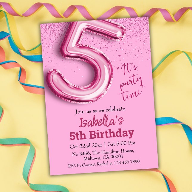 Rosa glitter söt ballong nr 5 flickig 5-års födels inbjudningar (Skapare uppladdad)
