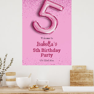 Rosa glitter, söt ballong nr 5 gigantisk 5-årsdag poster