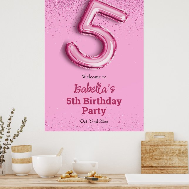Rosa glitter, söt ballong nr 5 gigantisk 5-årsdag poster (Kök)