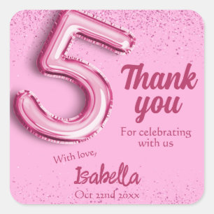 Rosa glitter söt ballong nr 5 tjej 5-årsdag fyrkantigt klistermärke
