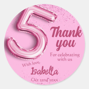 Rosa glitter söt ballong nr 5 tjejig 5-års födelse runt klistermärke