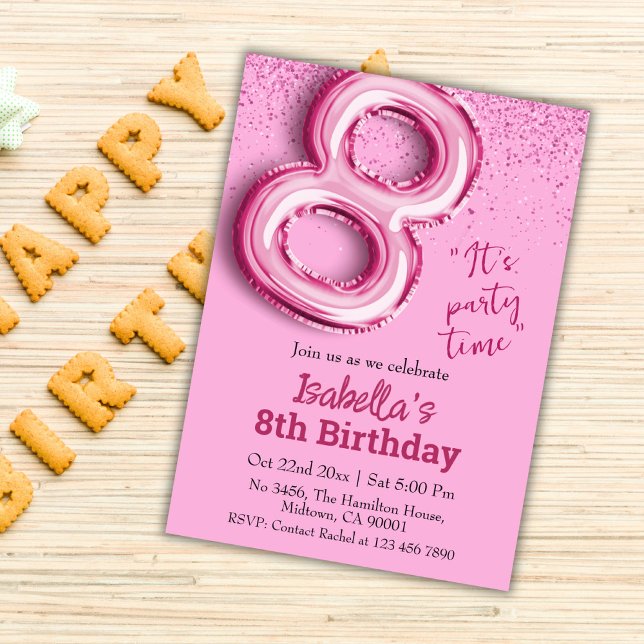 Rosa glitter, söt ballong nr 8, girig 8-årsdag inbjudningar (Skapare uppladdad)