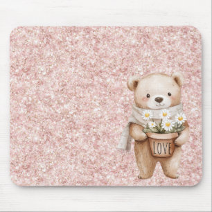 Rosa glitter söt björn tusenskönor blommor musmatta