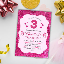 Rosa glitter, söt, lysande 3-årsdag inbjudningar