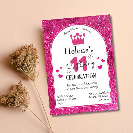 Rosa glitter, söt och pulserande 11-årsdag inbjudningar
