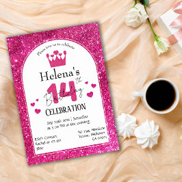 Rosa glitter, söt och pulserande 14-årsdag inbjudningar