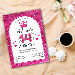 Rosa glitter, söt och pulserande 14-årsdag inbjudningar