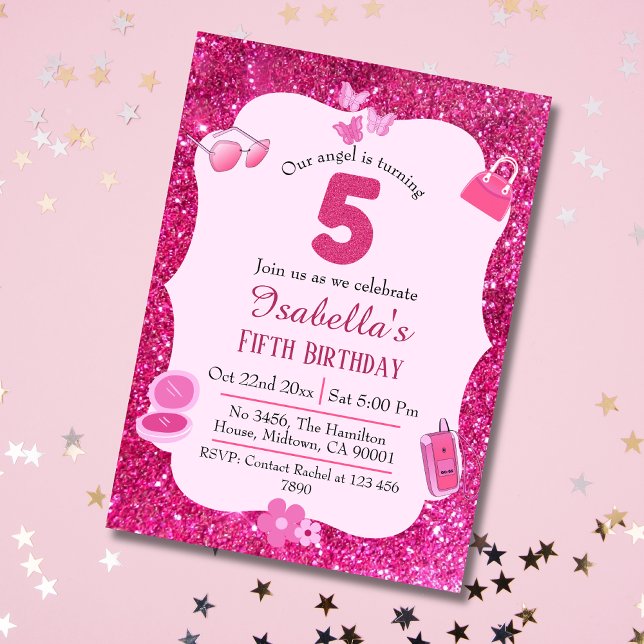 Rosa glitter, söt, pulserande, 5-årsdag inbjudningar (Skapare uppladdad)