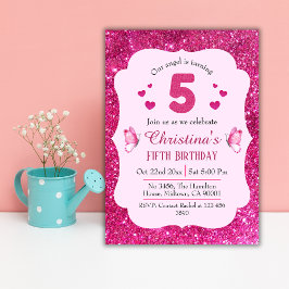 Rosa glitter, söt, pulserande, 5-årsdag inbjudningar