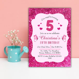Rosa glitter, söt, pulserande, 5-årsdag inbjudningar