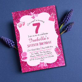 Rosa glitter, söt, pulserande 7:e födelsedag inbjudningar