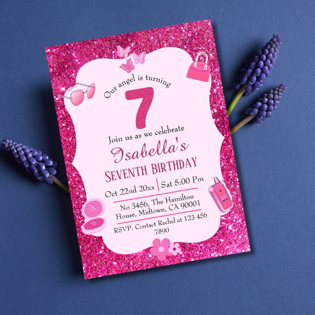 Rosa glitter, söt, pulserande 7:e födelsedag inbjudningar (Skapare uppladdad)