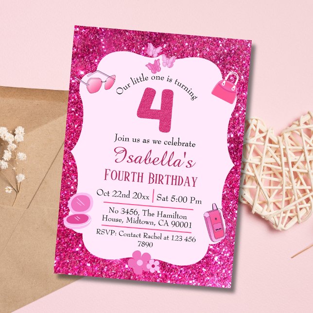 Rosa glitter söt, pulserande, mousserande 4e födel inbjudningar (Skapare uppladdad)
