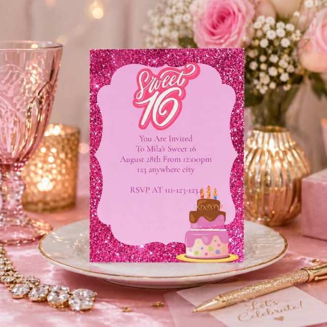 Rosa glitter SÖTT 16 FÖDELSEDAGSINBJUDAN Inbjudningar (Skapare uppladdad)