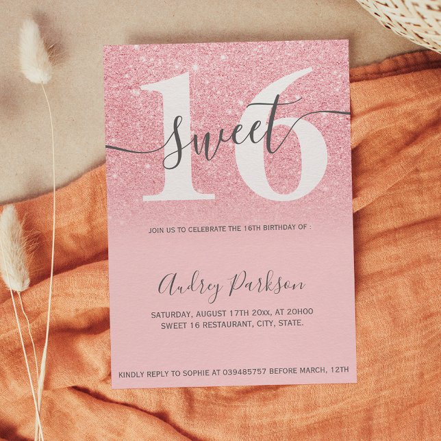 Rosa glitter sparkles ombre girly script Sweet 16 Inbjudningar (Pink glitter sparkles ombre girly script Sweet 16 Invitation)