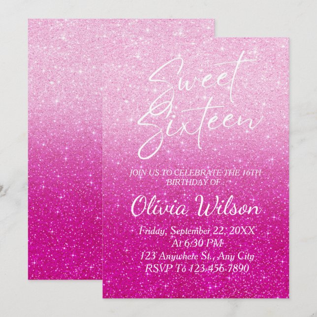 Rosa Glitter Sparkles Ombre Sweet 16 Inbjudningar (Fram/baksida)