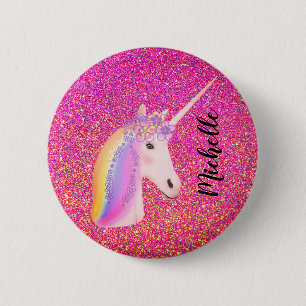 Rosa Glitter Sparkles Unicorn Girl Personlig Knapp
