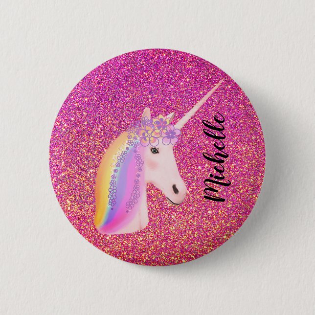 Rosa Glitter Sparkles Unicorn Girl's Personlig Knapp (Framsida)