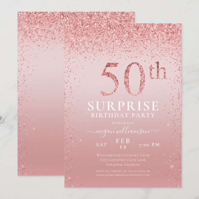 Rosa Glitter Surprise 50:e födelsedagen Inbjudningar (Fram/baksida)