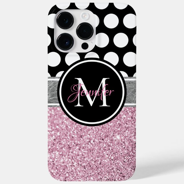Rosa glitter svart och vit prickig monogram (Baksida)