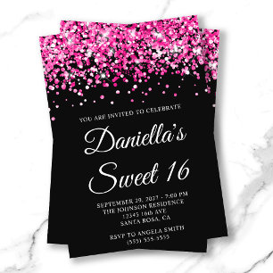 Rosa glitter svart Sweet 16 Inbjudningar