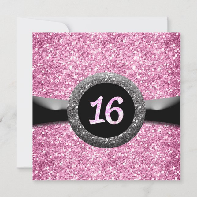 Rosa glitter Sweet 16 banderoll emblem inbjudan (Framsida)