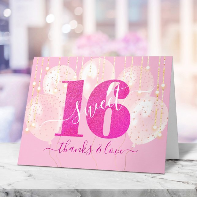 Rosa Glitter Sweet 16 Birthday Balloon Girly Glam Tack Kort (Skapare uppladdad)