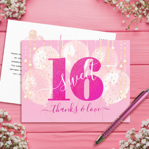 Rosa Glitter Sweet 16 Birthday Balloon Tack Vykort
